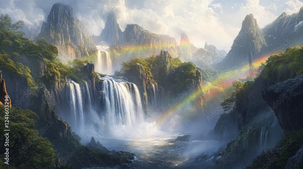 Fototapeta premium Enchanted Waterfall Paradise: A Rainbow's Embrace in a Lush Mountain Valley
