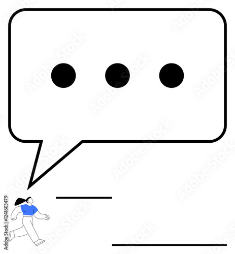 Large speech bubble with ellipsis above a small walking figure in minimal line art. Ideal for communication, conversation, ideas, expression, messaging, dialogue, abstract line flat metaphor