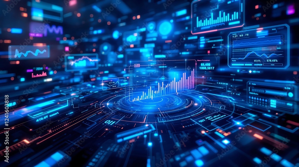 Futuristic Holographic Tech Background with Glowing Data Panels Futuristic Holographic Tech Background with Glowing Data Panels