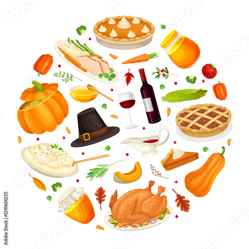 Thanksgiving Round Composition with Autumn Fest Object Vector Template