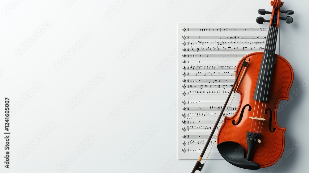 Naklejka premium A close-up of a violin placed next to a sheet of music, showcasing the elegance of musical instruments and notation.