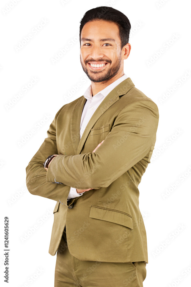Happy businessman, portrait and professional in fashion or confidence isolated on a transparent PNG background. Asian man or confident employee smile with arms crossed in business clothing or style Happy businessman, portrait and professional in fashion or confidence isolated on a transparent PNG background. Asian man or confident employee smile with arms crossed in business clothing or style