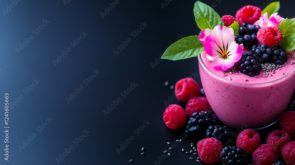 A fresh fruit smoothie bowl with edible flowers and chia seeds, symbolizing wellness and vitality, vibrant and colorful A fresh fruit smoothie bowl with edible flowers and chia seeds, symbolizing wellness and vitality, vibrant and colorful