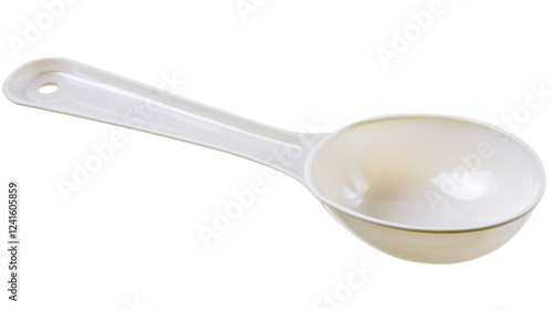 White plastic measuring spoon on transparent background