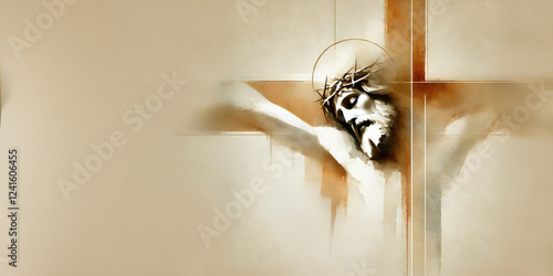 Portrait of Christ with crown of thorns during crucifixion.
