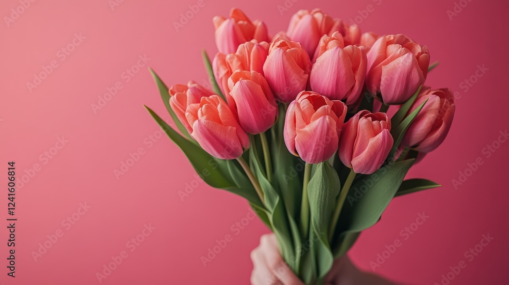 Fototapeta premium Pink tulips bouquet, hand, pink background, gift