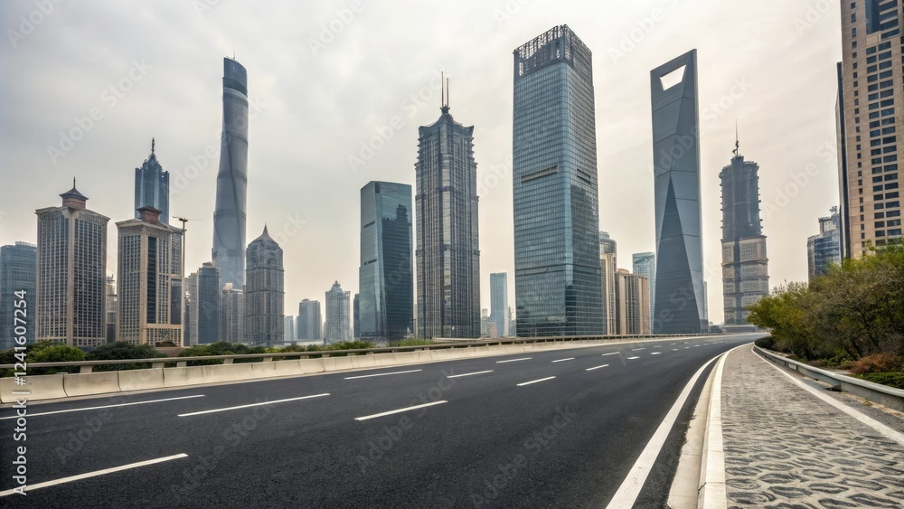 Empty asphalt road passing through the heart of a modern city amidst towering skyscrapers and office buildings, modern cityscape, steel and glass, concrete highway, empty road Empty asphalt road passing through the heart of a modern city amidst towering skyscrapers and office buildings, modern cityscape, steel and glass, concrete highway, empty road