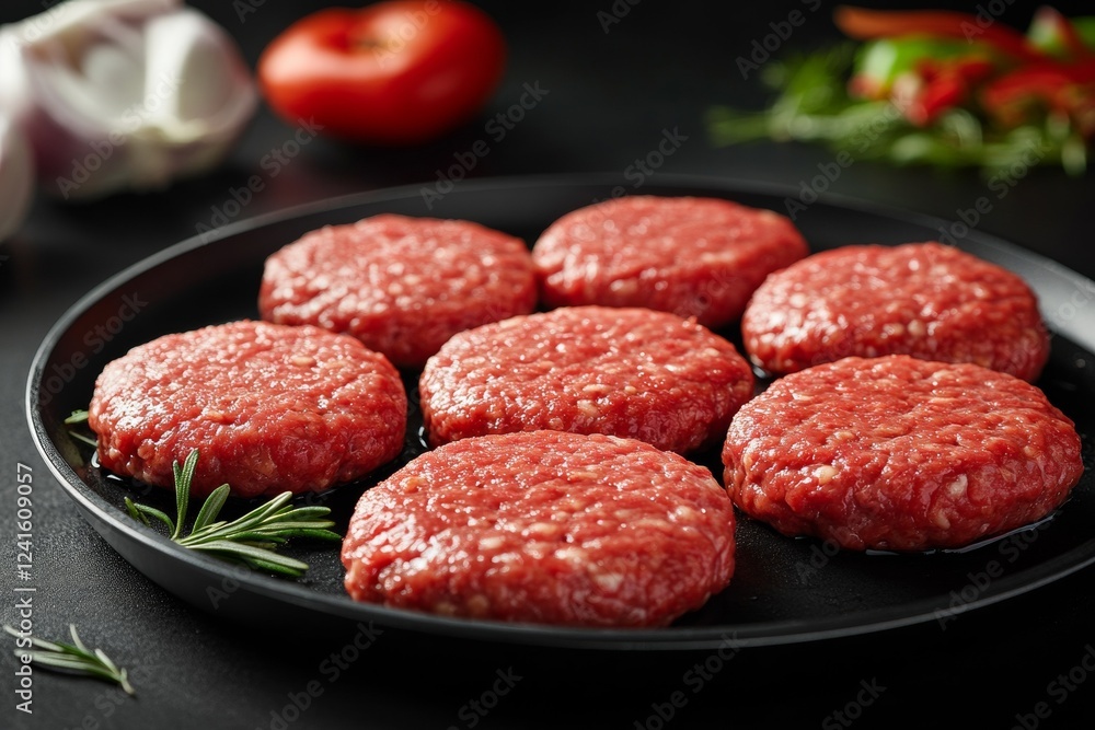Sizzling Burger Patties on a Heated Frying Pan, Close-Up Detail, Food Photography for Restaurant Menu or Cookbook Sizzling Burger Patties on a Heated Frying Pan, Close-Up Detail, Food Photography for Restaurant Menu or Cookbook