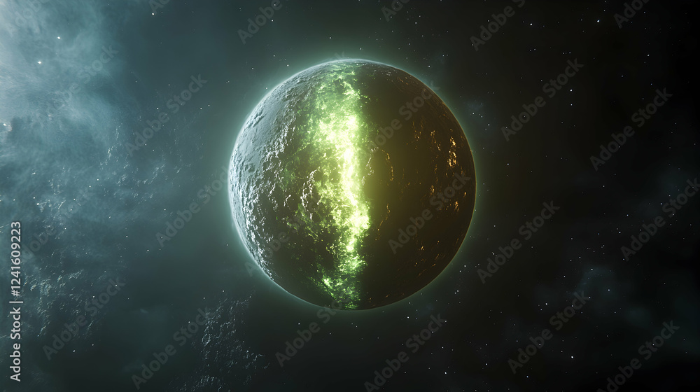 Fototapeta premium Glowing planet, space, nebula, cosmic, fantasy art, science fiction background, wallpaper