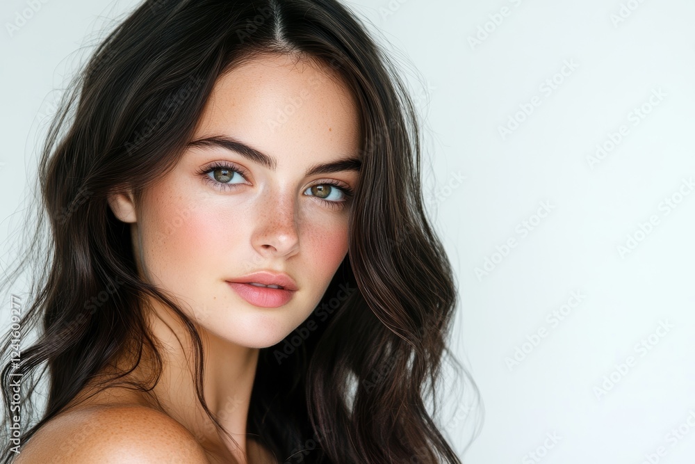 Close-up portrait of a brunette woman with soft hair against a bright white background, ideal for beauty and fashion campaigns Close-up portrait of a brunette woman with soft hair against a bright white background, ideal for beauty and fashion campaigns