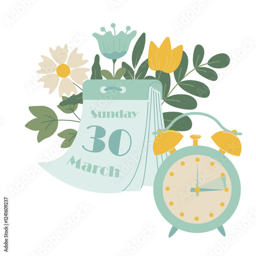 Spring forward in Europe 2025, change clock forward one hour, Daylight Saving Time web reminder banner in flat style. Clocks with arrow turning forward an hour.