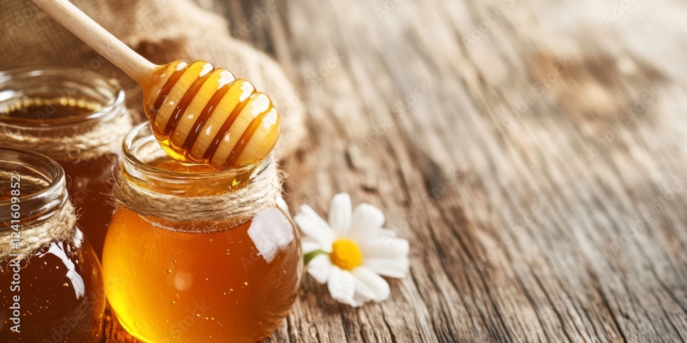 Close-up of many jars with honey on a wooden table, perfect for food, cooking, or baking concepts