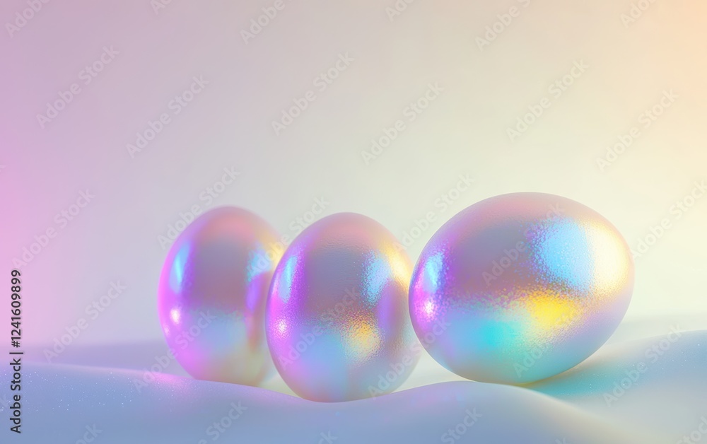 Luxury mockup background with space for text featuring holographic Easter eggs with a glossy rainbow effect on a soft, glowing surface for Easter Luxury mockup background with space for text featuring holographic Easter eggs with a glossy rainbow effect on a soft, glowing surface for Easter