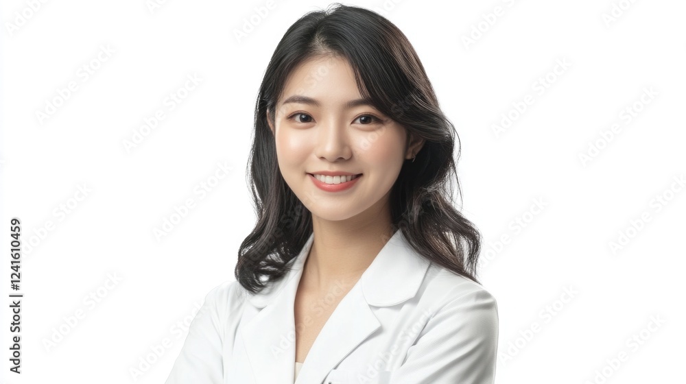 Young Asian female doctor smiling confidently in a white lab coat against a bright white background, isolated portrait for healthcare concepts.