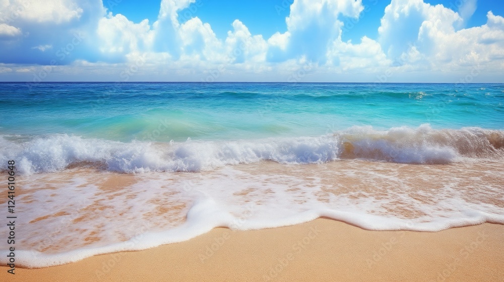Serene ocean waves gently lapping on sandy beach under cloudy blue sky Serene ocean waves gently lapping on sandy beach under cloudy blue sky