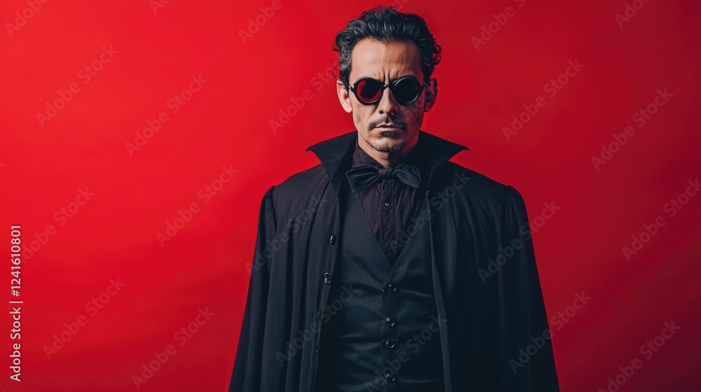 Obraz premium Mysterious man dressed as a vampire in a black cape and sunglasses against a vibrant red background for Halloween celebration.