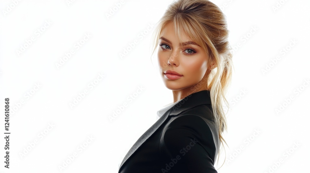 Professional confident young woman with blonde hair in elegant business suit posing on white background highlighting modern business fashion. Professional confident young woman with blonde hair in elegant business suit posing on white background highlighting modern business fashion.