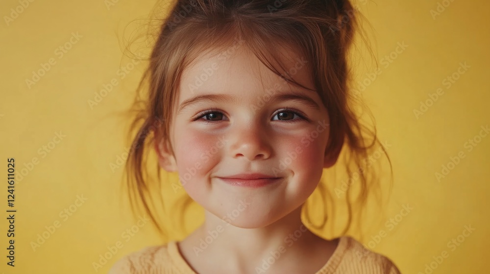 Preschool girl with brown hair and warm skin tone smiling naturally on vibrant yellow background capturing joyful childhood innocence and happiness. Preschool girl with brown hair and warm skin tone smiling naturally on vibrant yellow background capturing joyful childhood innocence and happiness.