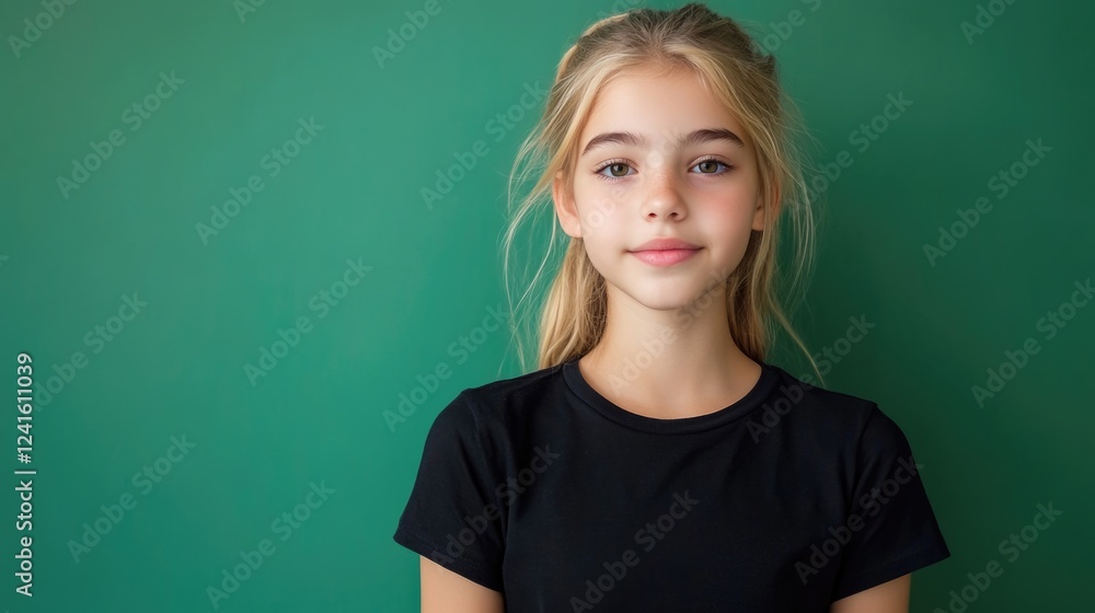 blonde haired teenage girl in black t shirt posing against green graduated background showcasing youthful beauty and confidence blonde haired teenage girl in black t shirt posing against green graduated background showcasing youthful beauty and confidence