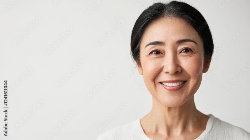 Smiling middle-aged Asian woman with dark hair wearing a light beige top expressing happiness against a soft white background. Smiling middle-aged Asian woman with dark hair wearing a light beige top expressing happiness against a soft white background.