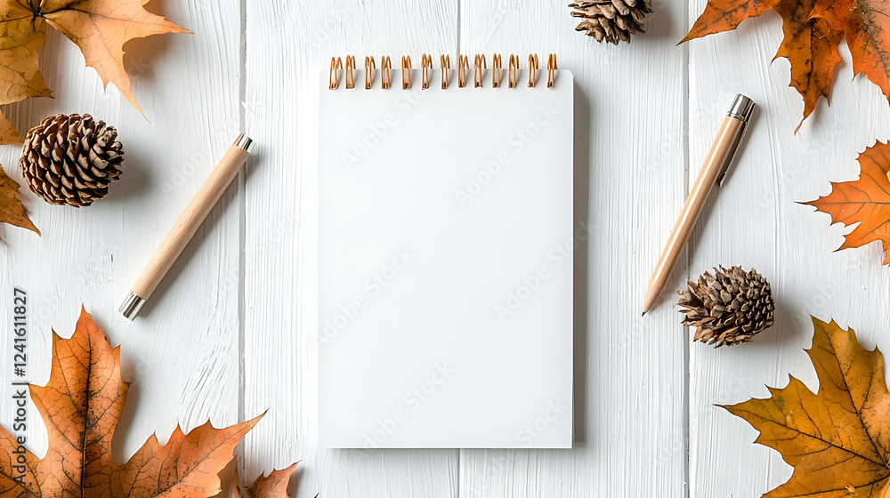 Blank notepad autumn leaves wood background planning Blank notepad autumn leaves wood background planning