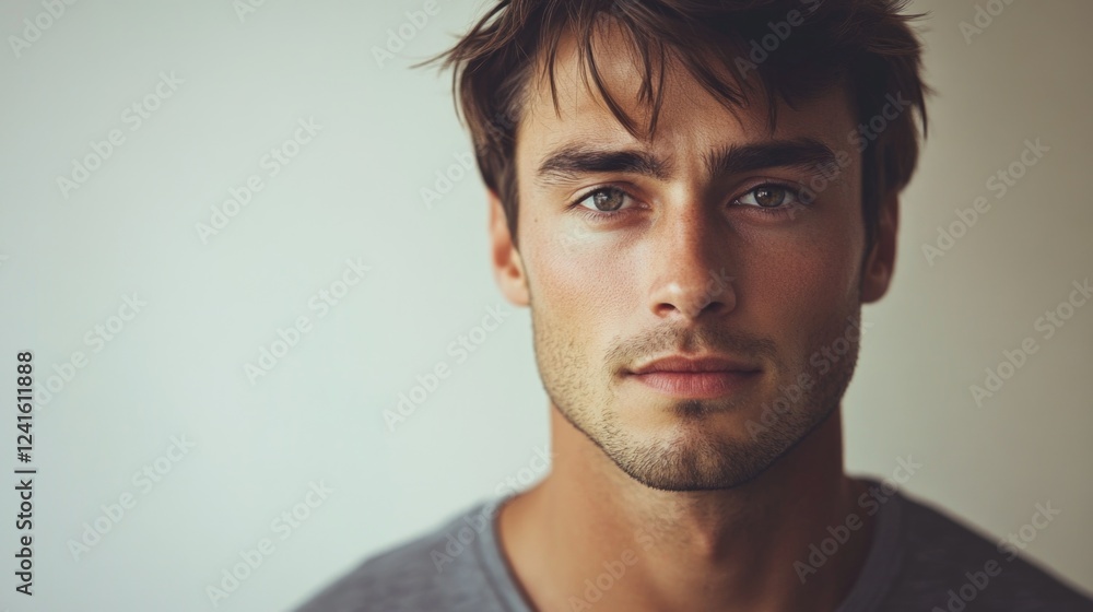 Fototapeta premium Close-up portrait of a young adult man with tousled hair wearing a gray shirt against a soft light background, exuding confidence and calmness.