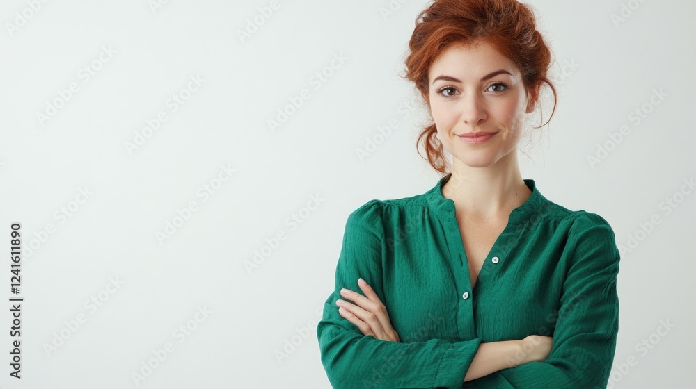 Confident young woman with auburn hair wearing a vibrant green blouse crossed arms, standing against a clean white background, portrait style. Confident young woman with auburn hair wearing a vibrant green blouse crossed arms, standing against a clean white background, portrait style.