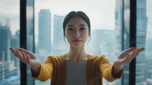 Portrait of young Asian woman in yellow cardigan presenting copy space with open arms against modern cityscape through large windows Free Download Portrait of young Asian woman in yellow cardigan presenting copy space with open arms against modern cityscape through large windows - GFXLoad