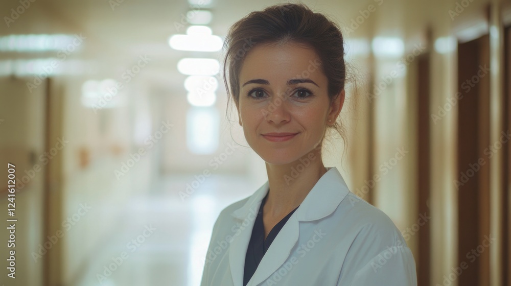Fototapeta premium Professional portrait of a smiling young woman doctor in a bright hospital corridor wearing a white coat with warm lighting and neutral-toned walls.