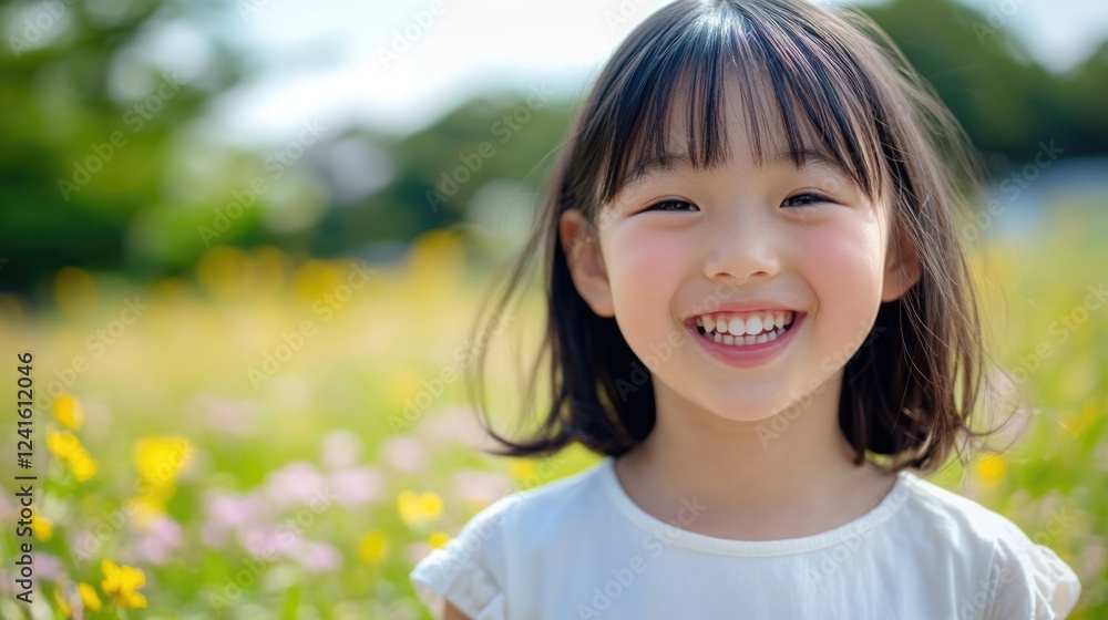 Bright and joyful portrait of a smiling young girl in a sunlit flower field, showcasing happiness and the essence of childhood enjoyment. Bright and joyful portrait of a smiling young girl in a sunlit flower field, showcasing happiness and the essence of childhood enjoyment.