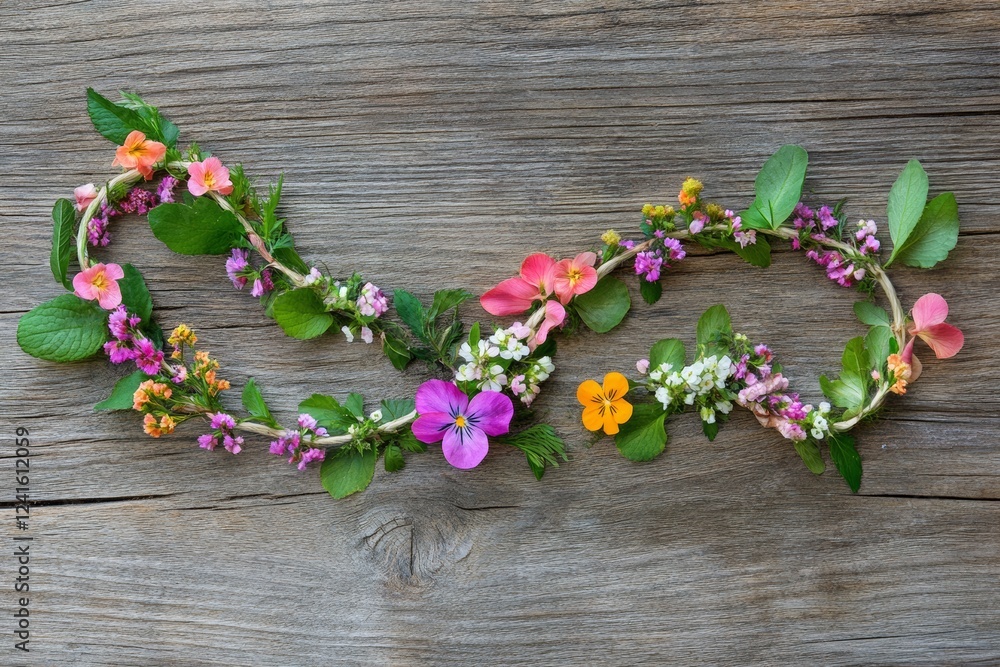 Floral dna strand art on rustic wooden background Floral dna strand art on rustic wooden background
