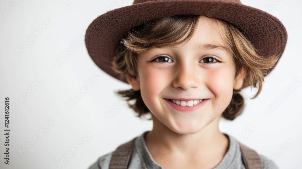 Smiling young boy wearing a brown hat against a clean white background showcasing happiness and joy in an inviting portraiture style. Smiling young boy wearing a brown hat against a clean white background showcasing happiness and joy in an inviting portraiture style.