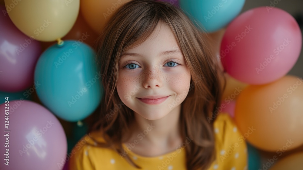 Obraz premium Cheerful young girl with brown hair and freckles smiling in front of colorful pastel balloons including pink, turquoise, and yellow in a bright indoor setting.