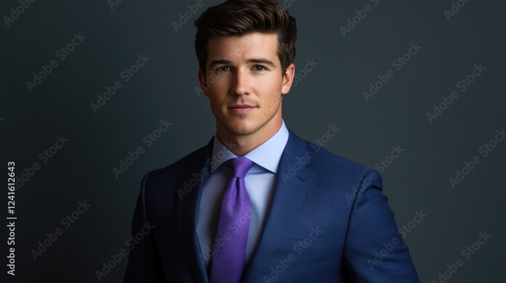 Elegant studio portrait of a young handsome male groom with styled brunette hair wearing a tailored blue suit and vibrant purple tie against a dark background. Elegant studio portrait of a young handsome male groom with styled brunette hair wearing a tailored blue suit and vibrant purple tie against a dark background.
