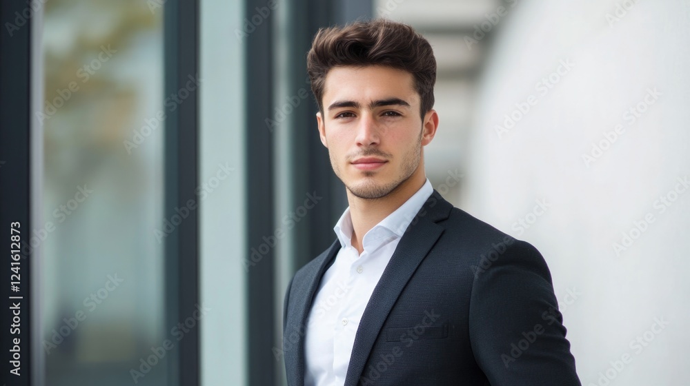 professional young male civil engineer in tailored black suit with light shirt confidently posing in modern urban building setting with glass backdrop professional young male civil engineer in tailored black suit with light shirt confidently posing in modern urban building setting with glass backdrop