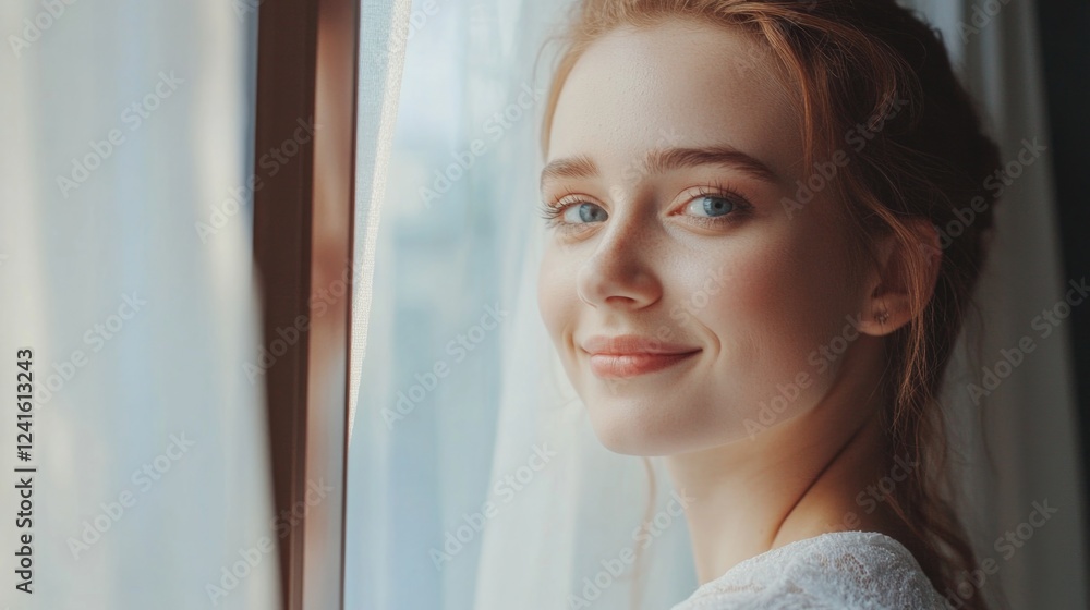 Radiant young bride with deep blue eyes smiling gently, standing by a bright window draped with sheer white curtains, soft natural light highlighting her features. Radiant young bride with deep blue eyes smiling gently, standing by a bright window draped with sheer white curtains, soft natural light highlighting her features.
