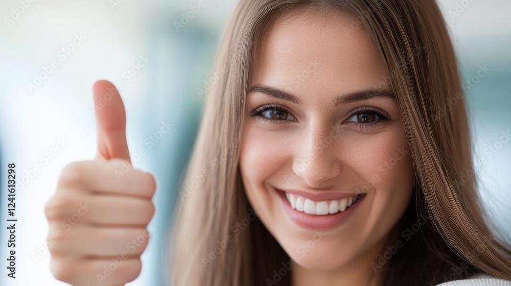 Smiling young woman with long brown hair giving a thumbs up during a video conference call, expressing success and happiness in a bright, modern office setting. Smiling young woman with long brown hair giving a thumbs up during a video conference call, expressing success and happiness in a bright, modern office setting.