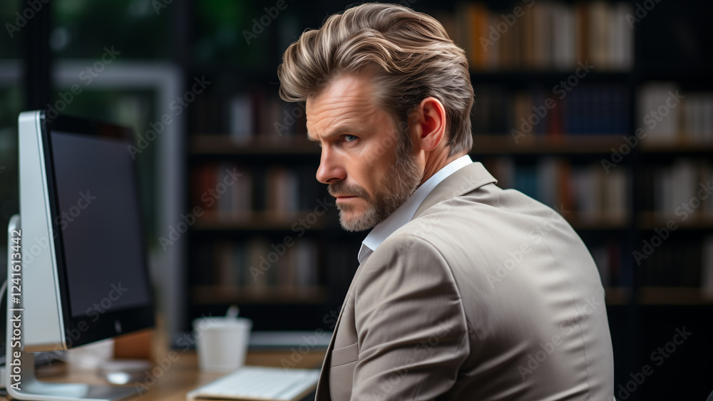 Fototapeta premium Focused Businessman Working Intensely in Stylish Office