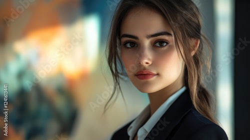 Wallpaper Mural Professional portrait of a young adult woman in formal attire, soft warm lighting, with a blurred abstract background in shades of blue and orange. Torontodigital.ca