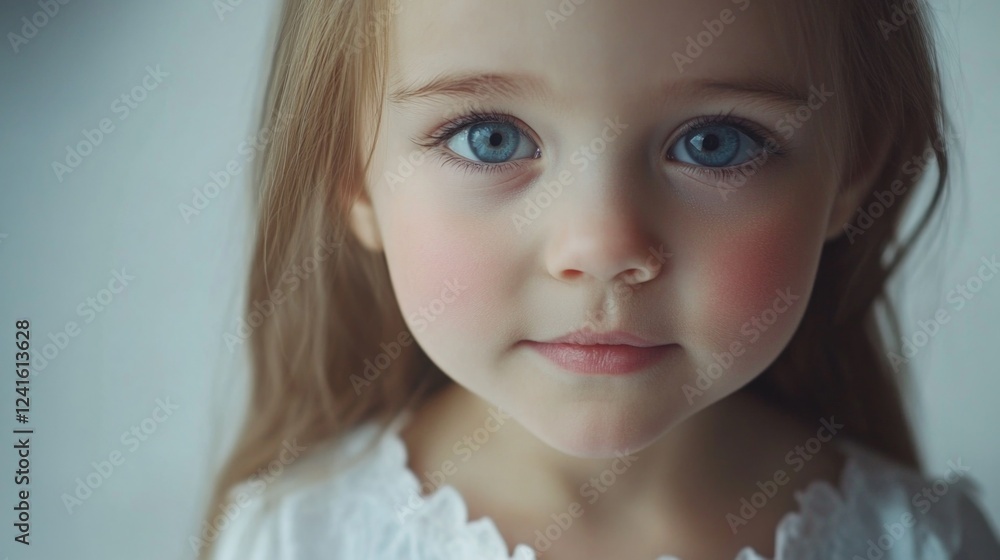 Adorable 4-year-old girl with long light brown hair and striking blue eyes gazes directly at the camera, wearing a white lace dress against a soft background. Adorable 4-year-old girl with long light brown hair and striking blue eyes gazes directly at the camera, wearing a white lace dress against a soft background.