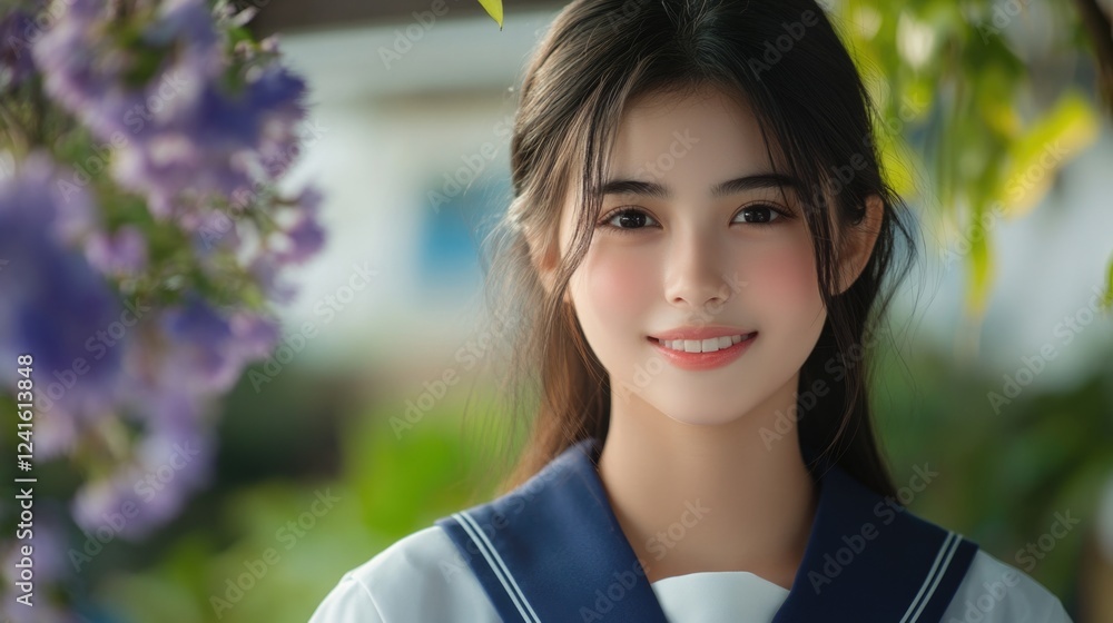 Portrait of an expressive Thai teenage girl in a Japanese school uniform smiling joyfully surrounded by purple flowers in a lush green garden. Portrait of an expressive Thai teenage girl in a Japanese school uniform smiling joyfully surrounded by purple flowers in a lush green garden.