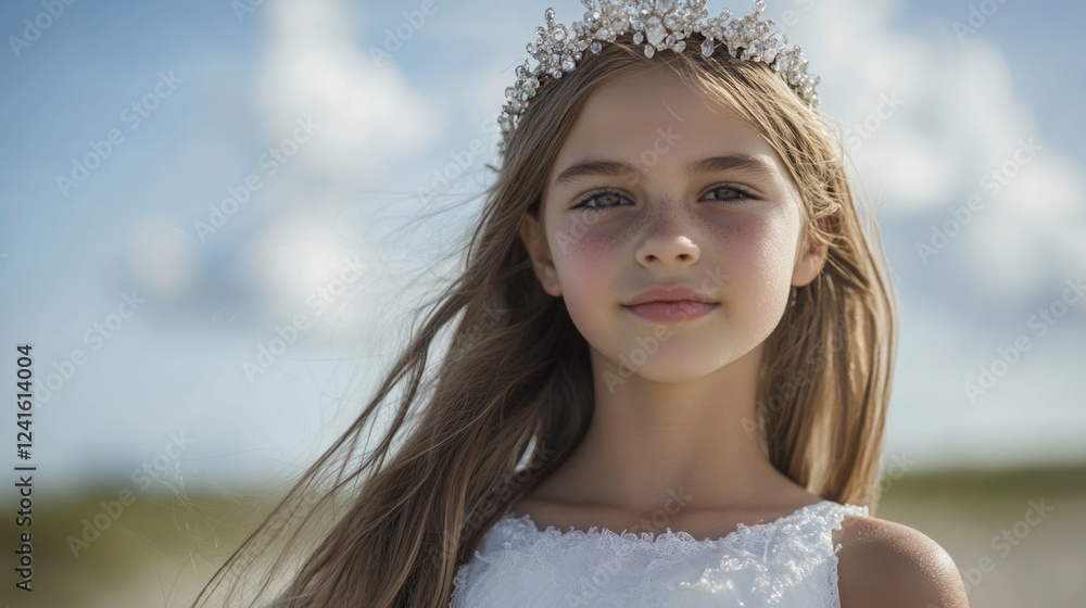 Young girl with a crown in elegant white dress, smiling warmly against a sunny outdoor background with soft clouds, evoking a joyful holiday spirit. Young girl with a crown in elegant white dress, smiling warmly against a sunny outdoor background with soft clouds, evoking a joyful holiday spirit.