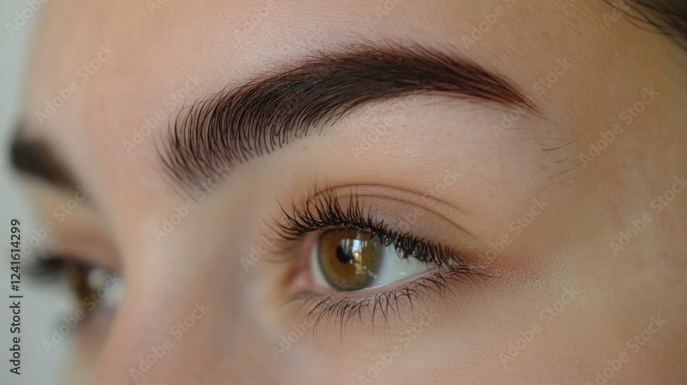 Obraz premium Close-up of beautiful young woman with perfectly shaped natural dark eyebrows and long dark eyelashes, showcasing subtle natural makeup and warm skin tones.