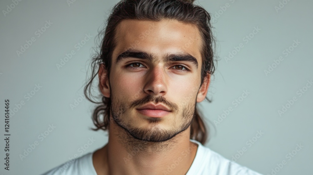 Obraz premium Portrait of a young man with long dark hair styled in a ponytail gazing confidently at the camera against a light gray background