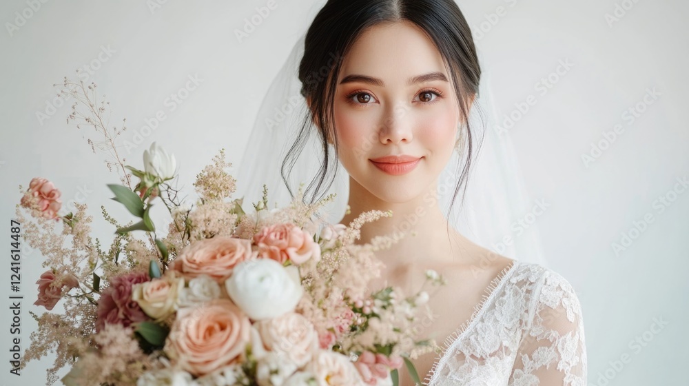 Naklejka premium elegant bride with long dark hair wearing a lace wedding gown holding a pastel floral bouquet smiling softly in a bright setting
