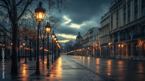 Serene Parisian Dawn: A Wet City Street