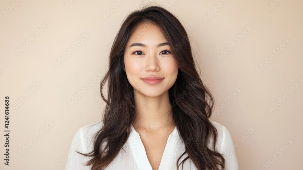 Portrait of an Asian woman with clear skin and natural smile on a soft beige background, representing beauty and skincare concepts in a studio setting. Portrait of an Asian woman with clear skin and natural smile on a soft beige background, representing beauty and skincare concepts in a studio setting.