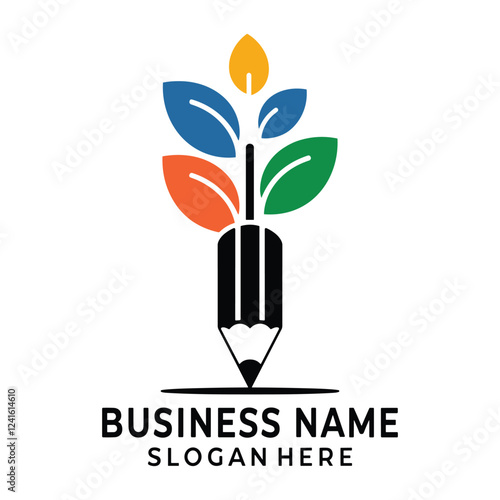 Colorful pencil logo with leaves symbolizing growth and education