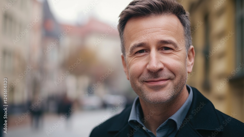 Obraz premium Smiling mature middle-aged man in a black coat standing outdoors in an urban setting with a blurred city background showcasing confident male beauty.