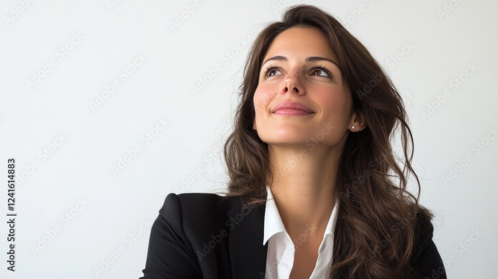 Confident businesswoman with long dark hair looking up and smiling against a clean white background, dressed in a black suit and white shirt. Confident businesswoman with long dark hair looking up and smiling against a clean white background, dressed in a black suit and white shirt.